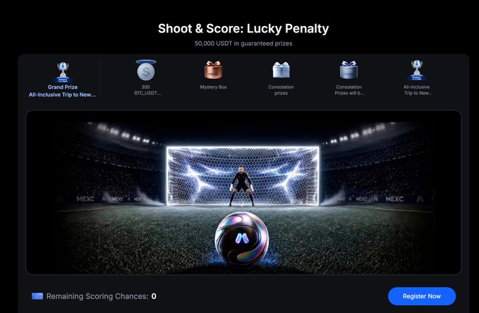 MEXC 'Shoot & Score: Lucky Penalty' promotional page offering $50,000 USDT in guaranteed prizes, with remaining scoring chances at 0 and a 'Register Now' button.