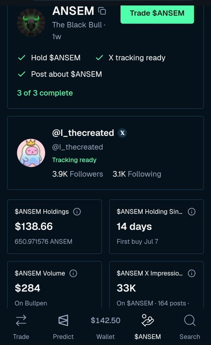 A mobile app screen for the $ANSEM token on a crypto trading platform, showing holdings of $138.66, 14 days holding, $284 volume, and 33K X impressions with @i_thecreated profile.