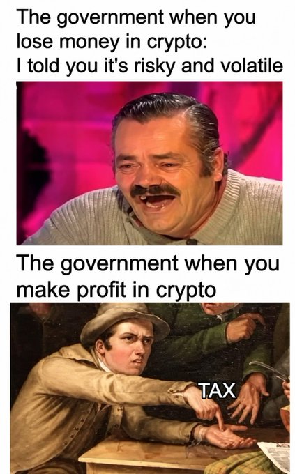 A meme contrasting government attitudes toward crypto, showing an image captioned "I told you it's risky and volatile" alongside a classical painting labeled "TAX" after profits, humorously highlighting the post's quip that both a 50% crypto crash and taxes on profits are equally painful.