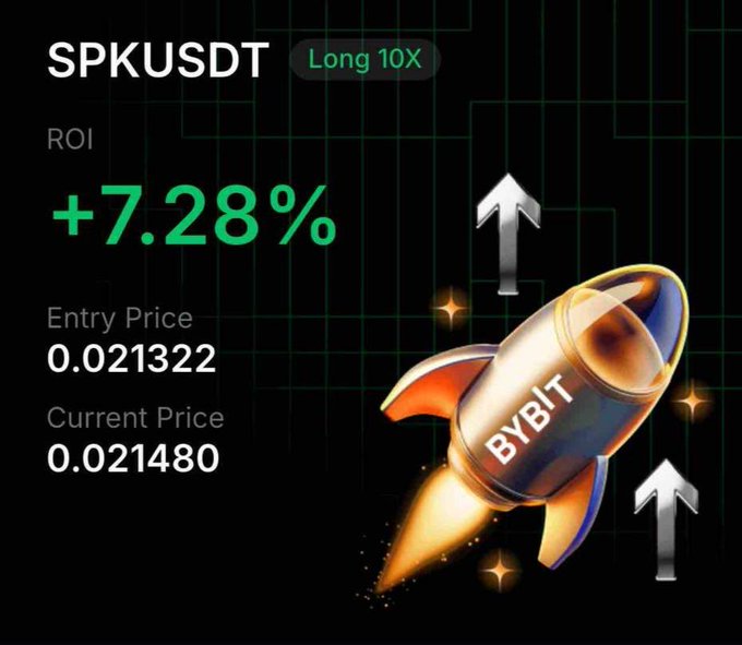 A digital graphic showing a SPKUSDT 'Long 10X' trade on Bybit with a +7.28% ROI, an entry price of 0.021322, and a current price of 0.021480, featuring a rocket illustration.