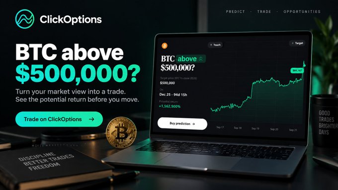 ClickOptions advertisement featuring the headline 'BTC above $500,000?' with a laptop displaying a Bitcoin price chart of $500,000 and a physical Bitcoin coin.