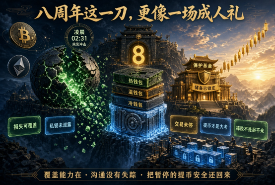 A dramatic promotional graphic featuring Bitcoin and Ethereum icons, Chinese text marking an 8th anniversary event with countdown '02:31', and a central glowing temple structure with the number 8.