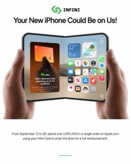 An advertisement featuring hands holding a foldable smartphone displaying multiple app screens, with the text 'IMFINE Your New iPhone Could be On Us!' and promotional details about spending USD 1,000 to receive a full reimbursement.