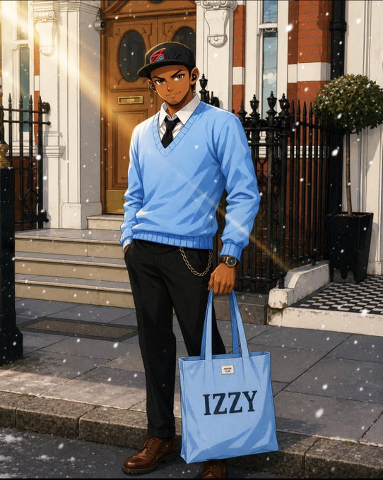 An anime-style illustration of a man in a blue sweater and black cap holding a light blue tote bag labeled 'IZZY', standing on a snowy street in front of an elegant brick building.