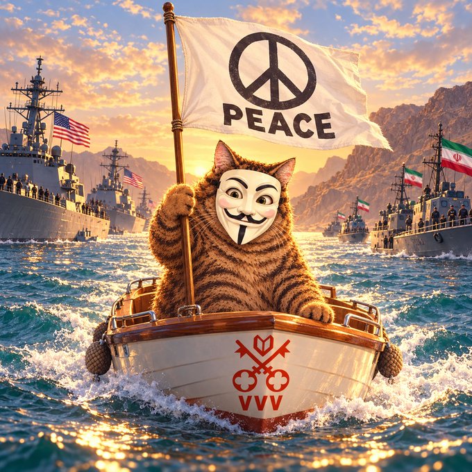 A surreal image of a tabby cat wearing a Guy Fawkes mask, holding a 'PEACE' flag while sitting in a boat surrounded by US and Iranian naval ships.