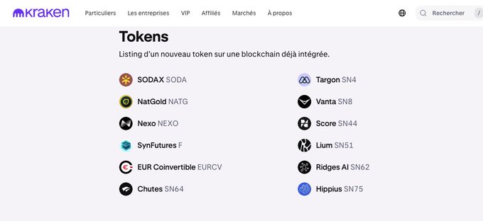 The image shows a Kraken webpage listing new tokens on integrated blockchains, including Bittensor subnet tokens SN4 (Targon), SN8 (Vanta), SN44 (Score), SN51 (Llum), SN62 (Ridges AI), SN64 (Chutes), and SN75 (Hippius), alongside other tokens like SODAX, NatGold, Nexo, SynFutures, and EUR Coinvertible. It visually confirms the announcement that Kraken is officially listing the seven Bittensor subnet (SN) tokens mentioned in the post.