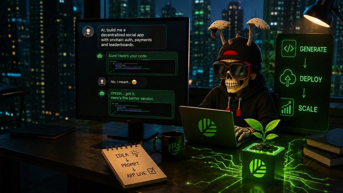 A skeleton character wearing a black hoodie and goggles works on a laptop branded with a green leaf logo, accompanied by a monitor displaying a chat conversation about building a "decentralized social app with onchain auth, payments and leaderboards," alongside workflow steps reading "GENERATE," "DEPLOY," and "SCALE." The image visualizes the Canopy Network (CNPY) post's message of making appchain development more accessible by breaking the process into simple, streamlined steps from idea to deployment.