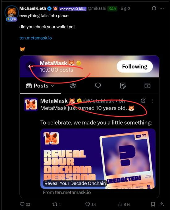 A tweet from MichaelK.eth sharing a MetaMask post celebrating 10 years, with the caption 'everything falls into place' and a link to ten.metamask.io.