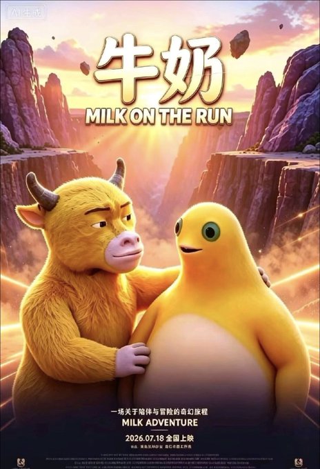 A movie poster titled '牛奶 MILK ON THE RUN' (also marked 'AI 生成') depicts an anthropomorphic yellow cow-like creature embracing a yellow creature against a sunset canyon backdrop, with a release date of '2026.07.18'.