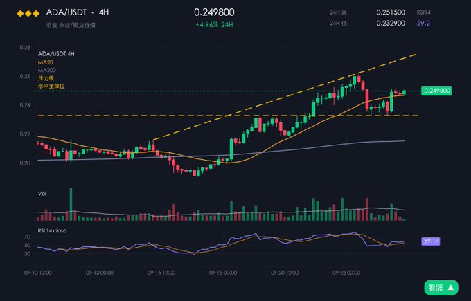 A cryptocurrency price chart for ADA/USDT showing a current value of 0.249800, with a 4.96% increase over 24 hours and an RSI of 59.2.