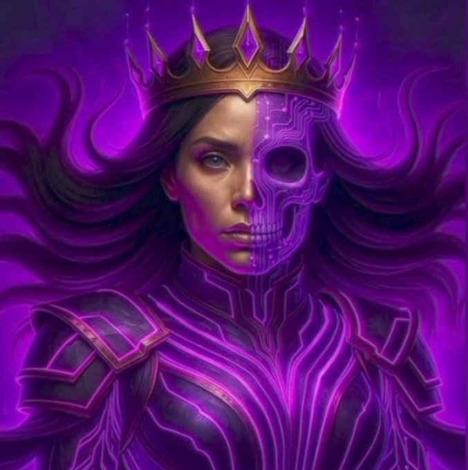 A digital fantasy illustration of a woman wearing a gold crown and purple armor, with the right half of her face transformed into a glowing purple cybernetic skull.