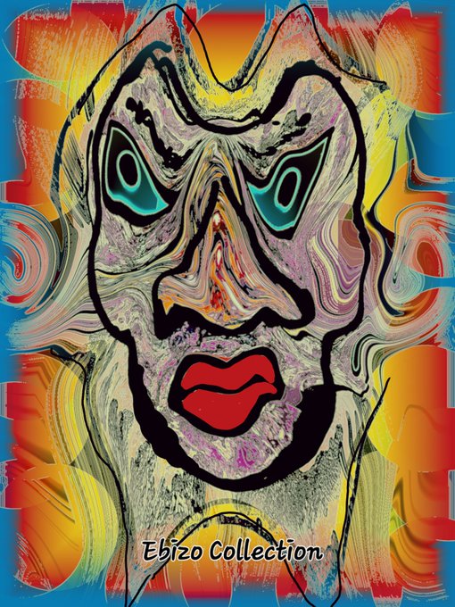 A vibrant, surreal digital portrait featuring a stylized face with exaggerated turquoise eyes, red lips, and a textured palette of yellows, oranges, and purples against a swirling background. The text "Ebízo Collection" appears at the bottom, matching the post's description of this as a unique 1/1 edition NFT artwork by @ArtistEbizo on the Polygon blockchain via OpenSea.
