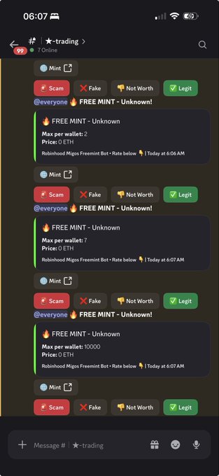 A Telegram chat screenshot showing a bot called "Robinhood Migos Freemint Bot" posting multiple "FREE MINT - Unknown" alerts with varying wallet caps (2, 7, 10000) and a price of 0 ETH, alongside scam/fake/legit voting buttons.