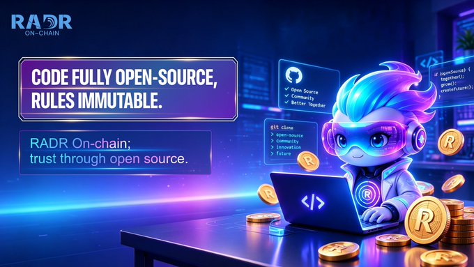 A futuristic cyan-haired mascot wearing headphones works at a laptop surrounded by glowing "R" coins, with the text "CODE FULLY OPEN-SOURCE, RULES IMMUTABLE" and "RADR On-chain: trust through open source" displayed prominently alongside the RADR On-Chain logo. The image visually reinforces the post's message about RADR On-Chain Radar's commitment to transparency through fully open-source code and immutable rules, supporting trust in the Web3 ecosystem.