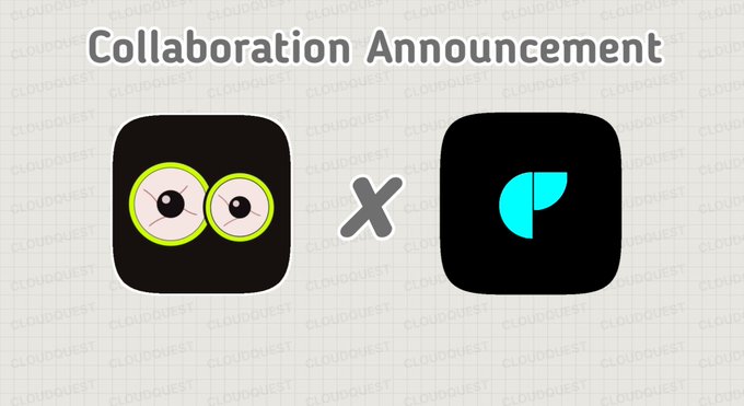 A "Collaboration Announcement" graphic featuring two app icons—one depicting a pair of binoculars with eyes and the other showing a teal "P" logo—separated by an "X" symbol on a light grid background watermarked with "CLOUDQUEST." The post promotes a free mint NFT collection of 4,500 hand-drawn bird characters on the Robinhood chain, with the image highlighting the collaboration between the Hoodbirds project and Robinhood's platform.