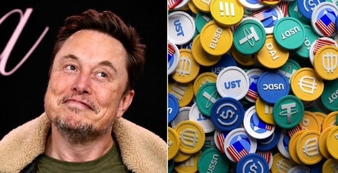 A split image shows Elon Musk on the left and a pile of various stablecoin tokens on the right, with visible labels like "USDC," "USDT," and "BUSD," illustrating X's reported exploration of stablecoins like USDC for creator payouts.