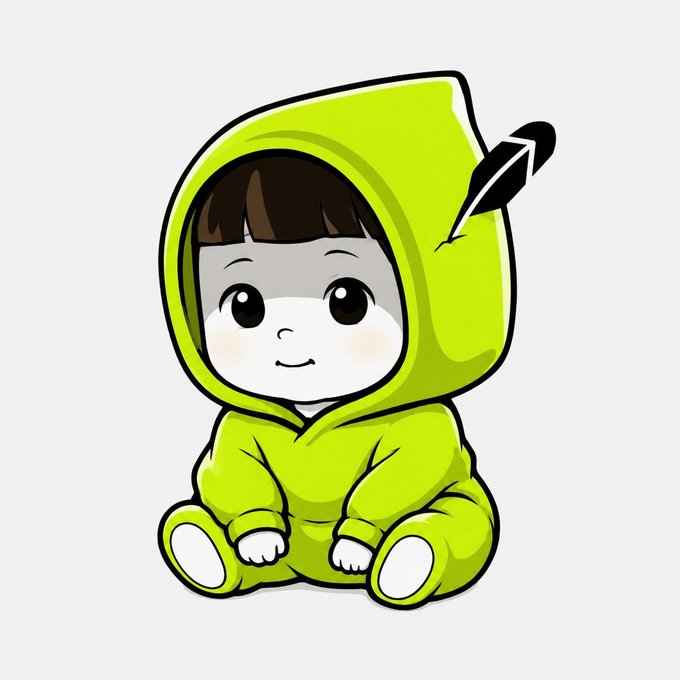 A chibi-style illustration of a cute character sitting and wearing a green hooded outfit with a black feather.
