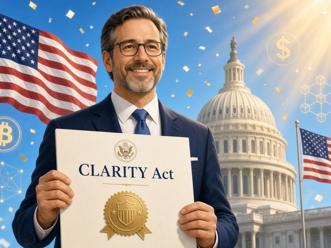 An AI-generated image shows a smiling man in a suit and glasses holding a document labeled 'CLARITY Act' in front of the U.S. Capitol, with American flags and floating dollar signs and cryptocurrency symbols in the background.