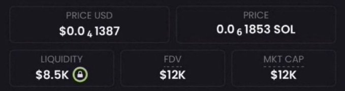 The image shows cryptocurrency metrics displaying a token with a price of $0.041387 USD (0.061853 SOL), $8.5K liquidity, $12K FDV, and $12K market cap, which supports the post's claim of a low-cap "billion runner" meme coin trading at a $12K market cap with potential for massive gains.