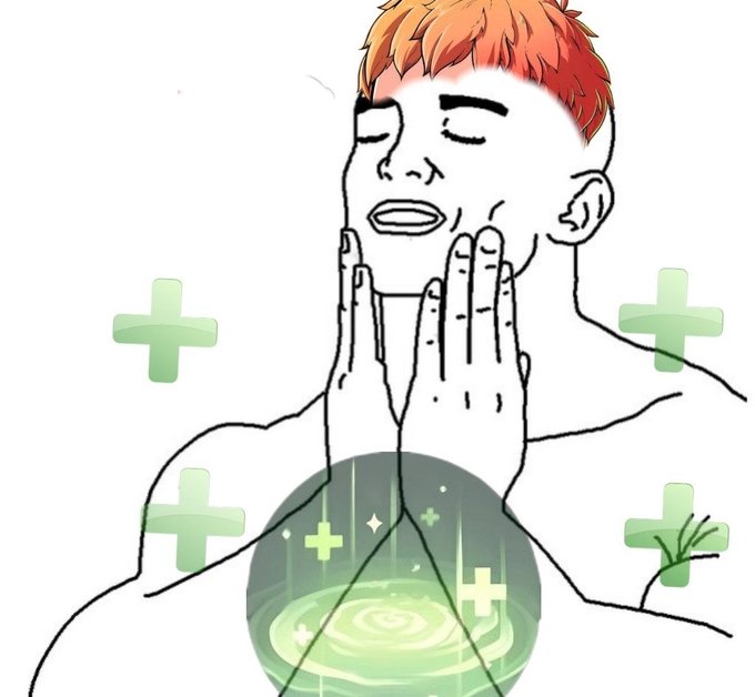 A simple line drawing of a person with orange hair holding their hands up near their face, surrounded by light green plus signs and a swirling green orb.