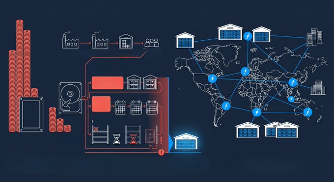 A stylized infographic shows stacks of red coins, data center servers linked to a world map with "F" nodes, and icons of warehouses and buildings against a dark blue background, illustrating the vast price disparity between enterprise TLC SSDs ($22,600) and equivalent HDDs ($1,216) while highlighting Filecoin's decentralized storage network running on already-secured hardware amid nearline HDD supply shortages through 2027.