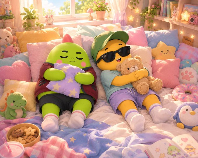 A cozy 3D-rendered scene of a cute green dinosaur-like character and a yellow emoji-style character wearing sunglasses and a cap relaxing on a bed of pastel pillows with plush toys.