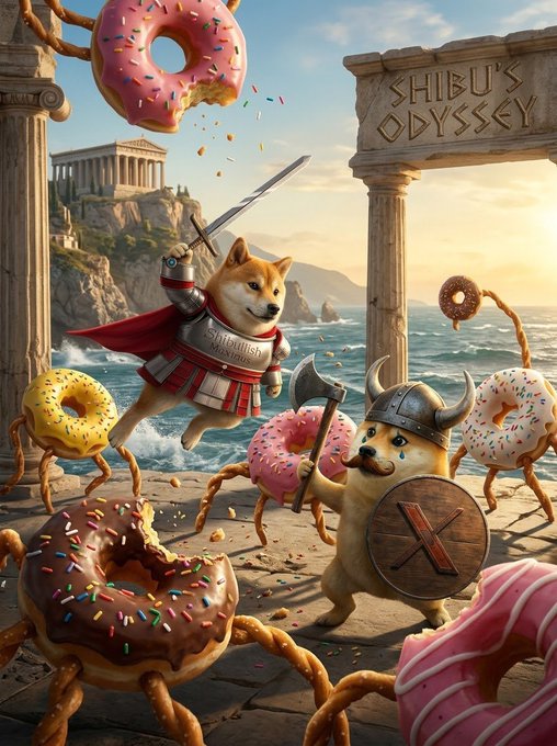 A whimsical scene titled 'SHIBU'S ODYSSEY' shows Shiba Inu dogs dressed as knights battling creatures made of donuts, set against a Greek temple backdrop with the sea in the distance.