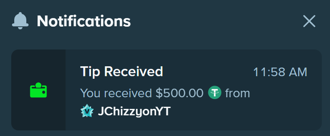 A notification displays a $500.00 tip received from JChizzyonYT, illustrating the post's scenario of a large tip hitting one's Stake account.