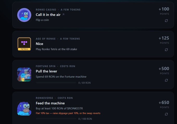 A dark-themed rewards interface listing tasks such as "Call it in the air," "Nice," "Pull the lever," and "Feed the machine" with point values ranging from +100 to +650 points for a Ronke-themed app.