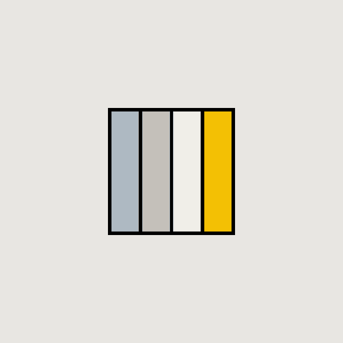 A minimalist digital artwork featuring a square composition divided into four vertical bands—one gray, two white, and one yellow—drawing clear visual reference to the iconic color-blocked façade of Gerrit Rietveld's Schröder House. This piece, titled "Wall," is part of the #WALLS event within the 4x4rt series, sold as a 1000×1000 PNG edition of 20 on @objktcom for 5 XTZ each.
