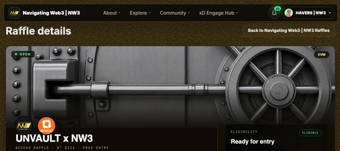 The image shows a raffle details page for "UNVAULT x NW3" on the Navigating Web3 (NW3) platform, marked as "OPEN" and "ELIGIBLE" with free entry (ID 0211), featuring a vault graphic as the central visual element—directly promoting the UNVAULT x NW3 raffle mentioned in the post.