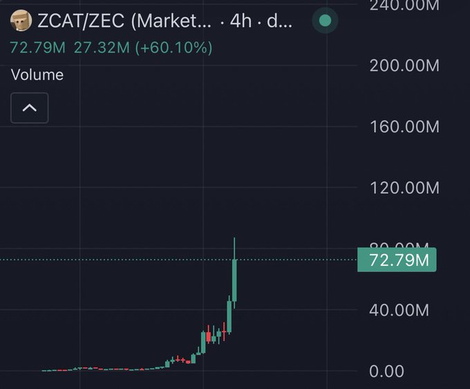 A 4-hour volume chart for the ZCAT/ZEC market on what appears to be a meme coin platform shows a dramatic spike to 72.79M volume with 27.32M recent volume, marking a +60.10% increase, suggesting growing trading activity that aligns with the post's speculation about $ZCAT being a potential breakout or target token.