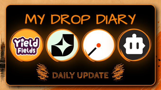 A digital banner with the text 'MY DROP DIARY' at the top, featuring four circular icons including 'Yield Fields' and 'DAILY UPDATE' at the bottom on a dark background with orange accents.