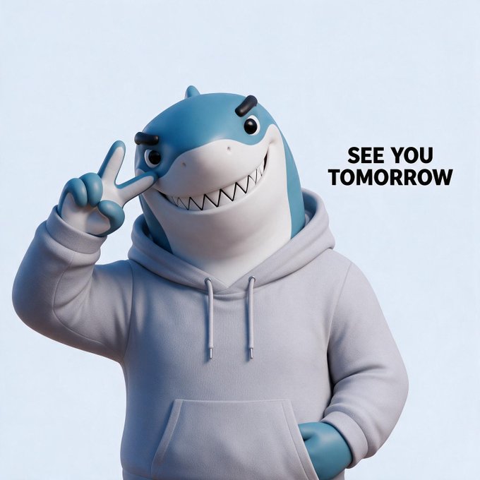 A 3D-rendered cartoon shark mascot wearing a white/light gray hoodie, making a peace sign, with the text "SEE YOU TOMORROW" on a light blue background.