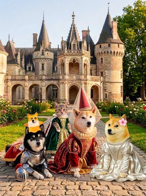 A whimsical digital image showing a husky, cat, and two Shiba Inus dressed as a knight, queen, prince, and princess in front of a castle.