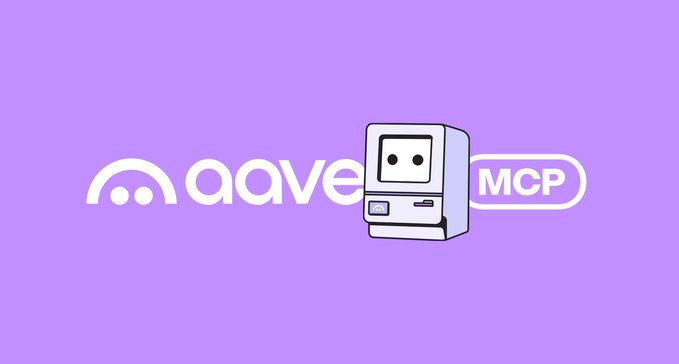 A stylized illustration on a purple background showing the Aave logo alongside a cartoon computer character and the text "MCP," visually representing Aave's new MCP server launch that enables AI agents to interact with Aave V3 and V4 protocols.