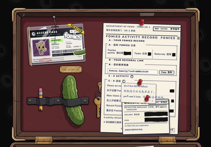 A digital illustration of a bulletin board containing a 'Fomies' access pass, a pickle, a key, and a 'FOMIES ACTIVITY RECORD' form with wallet information including Solana and EVM addresses.