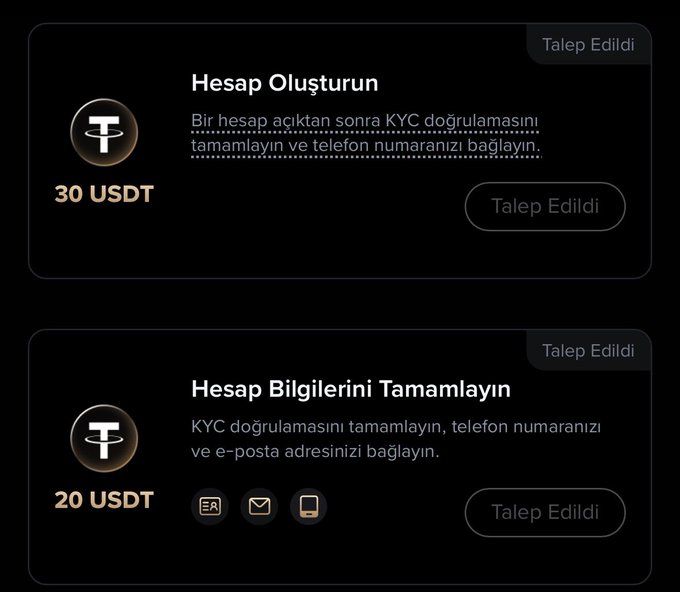 The image shows a rewards page from a cryptocurrency exchange with two completed tasks in Turkish: "Hesap Oluşturun" (Create Account) awarding 30 USDT, and "Hesap Bilgilerini Tamamlayın" (Complete Account Information) awarding 20 USDT, totaling $50 USDT in signup bonuses as mentioned in the accompanying promotional post for KCEX exchange.