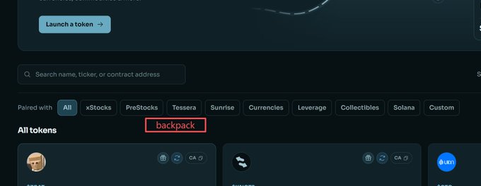 A dark-themed cryptocurrency dashboard showing a 'Launch a token' button, a search bar, and filter categories with 'backpack' highlighted.