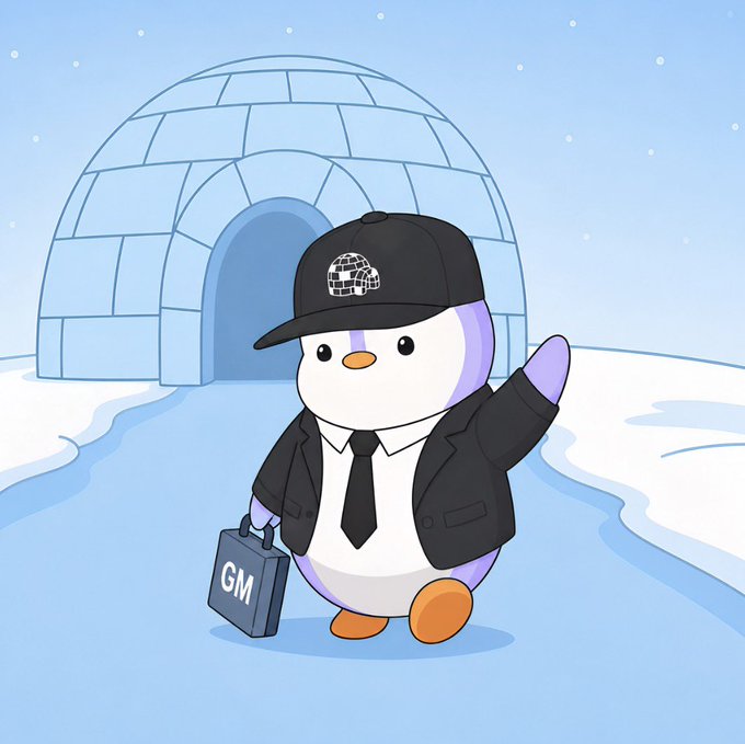 A cute cartoon illustration of a penguin character dressed in a black suit and tie, wearing a black cap with an igloo logo, holding a briefcase labeled 'GM,' and waving, set against a snowy background with an igloo.