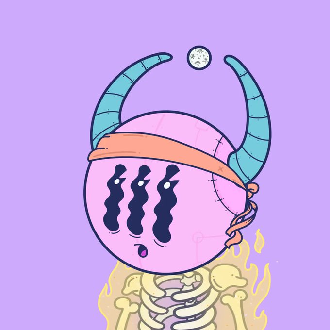 A cartoon illustration of a pink, round creature with teal horns, three wavy black eyes, and an orange headband, sitting atop a flaming skeleton against a purple background.