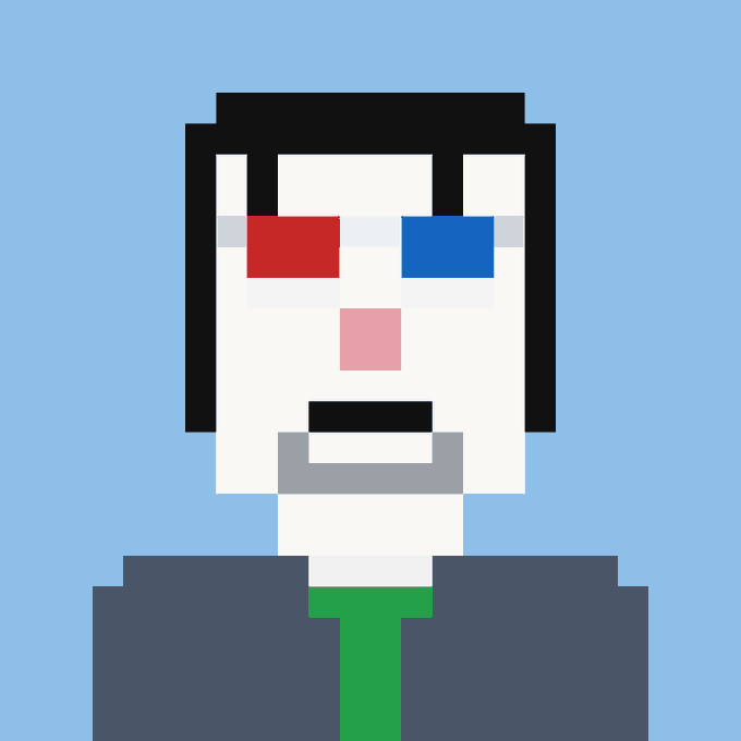 A pixel art portrait of a character with a pale face, heterochromia (one red eye, one blue eye), black hair, a goatee, and a suit with a green tie.