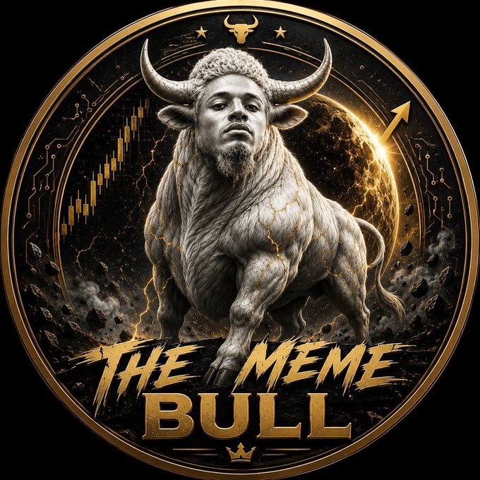 A circular gold-emblemed logo features a powerful bull with a human-like face charging forward amid crashing lightning, candlestick charts, and an upward trending arrow, with the text "THE MEME BULL" and a bull head icon with stars at the top, visually embodying the bullish $MEMEBULL memecoin launch announcement.