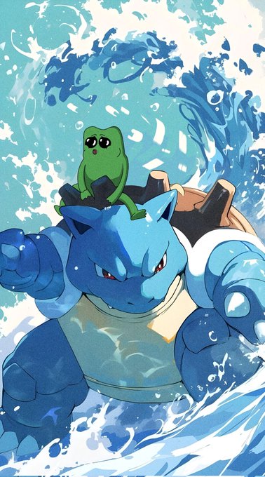 A muscular Blastoise carries a small green frog on its shoulder through splashing waves, channeling the "fwog stays strong" energy with a determined, forward-moving stance that mirrors the bullish spirit of the post about $FWOG's ongoing journey on day 598.