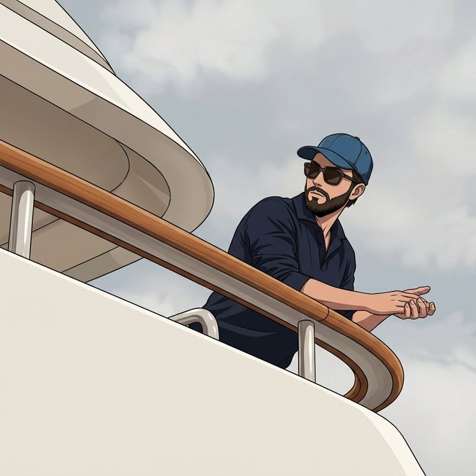 An animated man with a beard, wearing sunglasses and a blue cap and shirt, leans on the railing of a white boat or yacht under a cloudy sky.