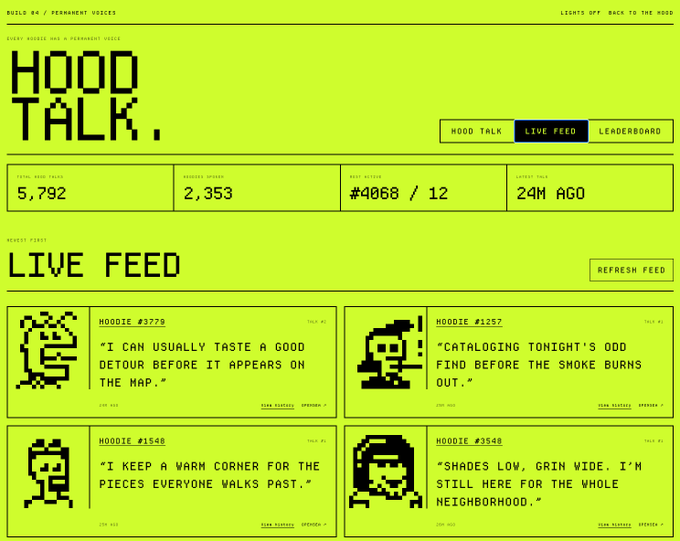 A retro-style pixelated website titled 'HOOD TALK' featuring a 'LIVE FEED' section with stats like 5,792 total hoodies minted, 2,353 in hoodies queue, and four hooded character profiles with quotes like 'I can usually taste a good detour before it appears on the map.'
