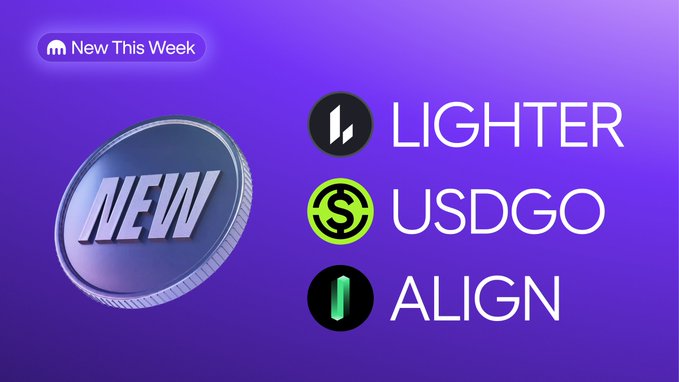 A promotional graphic on a purple background highlighting 'New This Week' with a silver coin and three cryptocurrencies: LIGHTER, USDGO, and ALIGN.