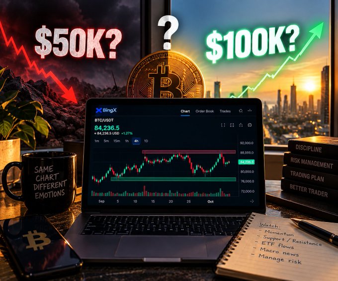 A Bitcoin price prediction graphic showing a laptop displaying a BingX BTC/USDT chart at $84,236.5, with split imagery of a red "$50K?" crash scene on the left and a green "$100K?" rising chart on the right, accompanied by a notebook with trading notes.