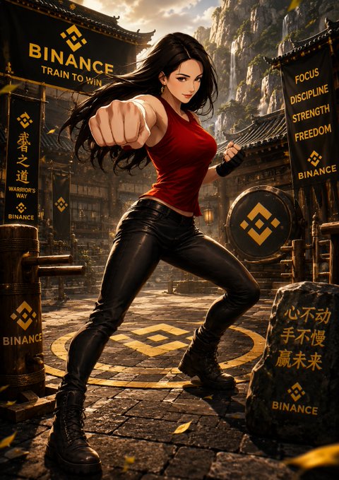 The image features a woman dressed in black leather pants, a red tank top, and boots, standing in front of a banner that says "Binance" with a gold circle and a yellow triangle. The background shows a cityscape with buildings and trees.