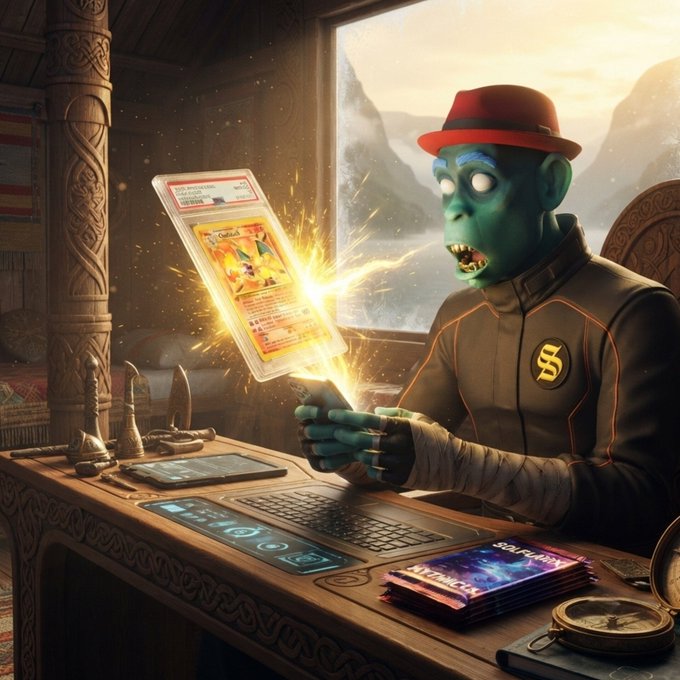 A green-skinned figure wearing a red hat and dark jacket is shocked as a glowing trading card levitates from his phone, set in a rustic room with a mountain view.